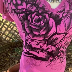 Y2K No Fear Pink Velvet Burn Out Tee XL (fits like slim L)
